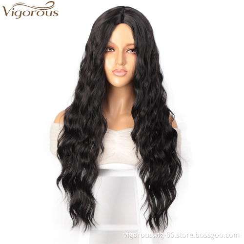 Vigorous Cheap Top Quality Long Black Wavy Wig  Middle Part Synthetic Wig For Black White Women Heat Resistant Wholesale Price